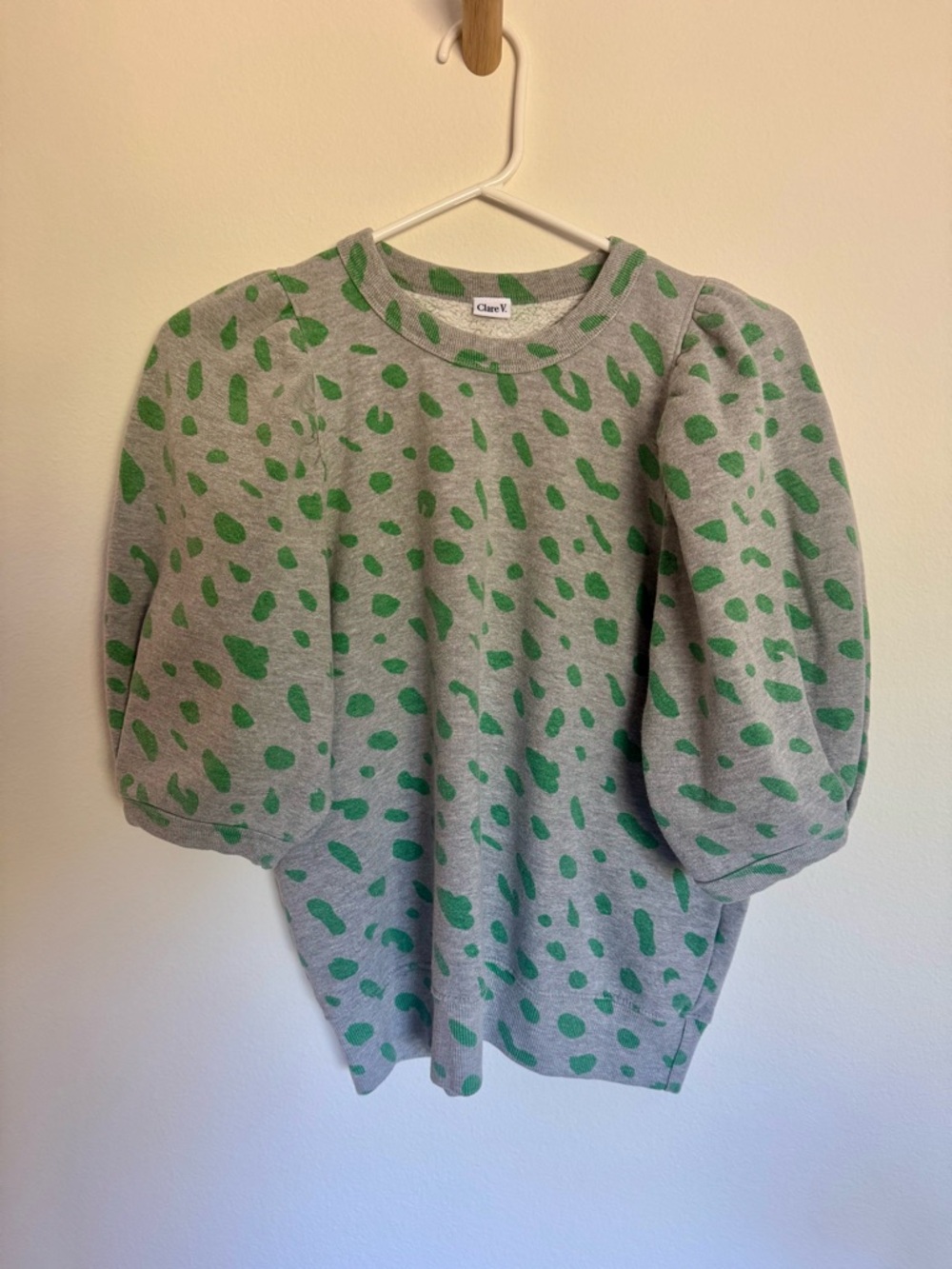 Clare V Gray Sweatshirt with Green Spot Pattern and Puff Sleeves